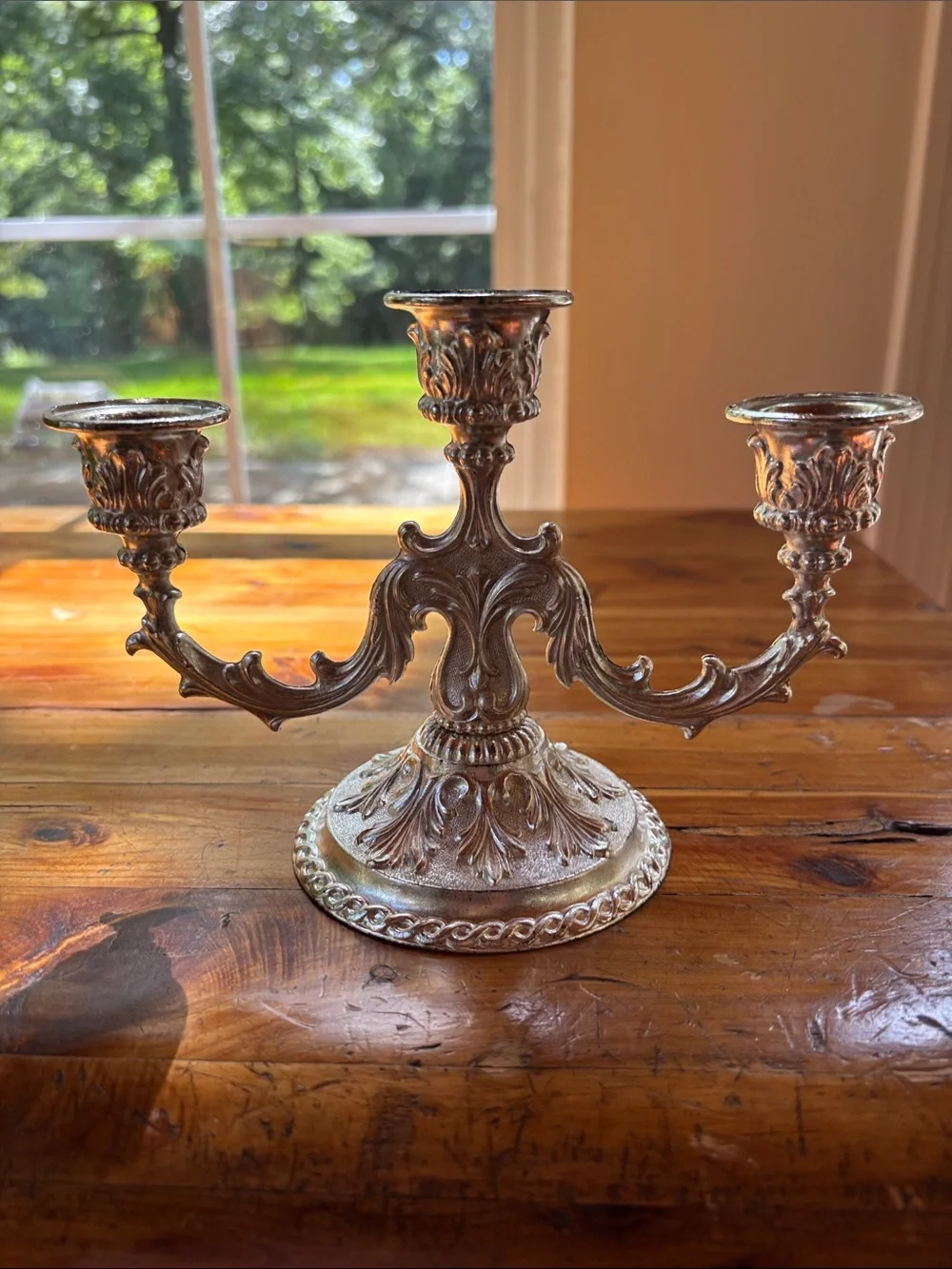 Vintage 3 Arm Baroque Style Candelabra Made From Pewter Or Silver Plated Metal